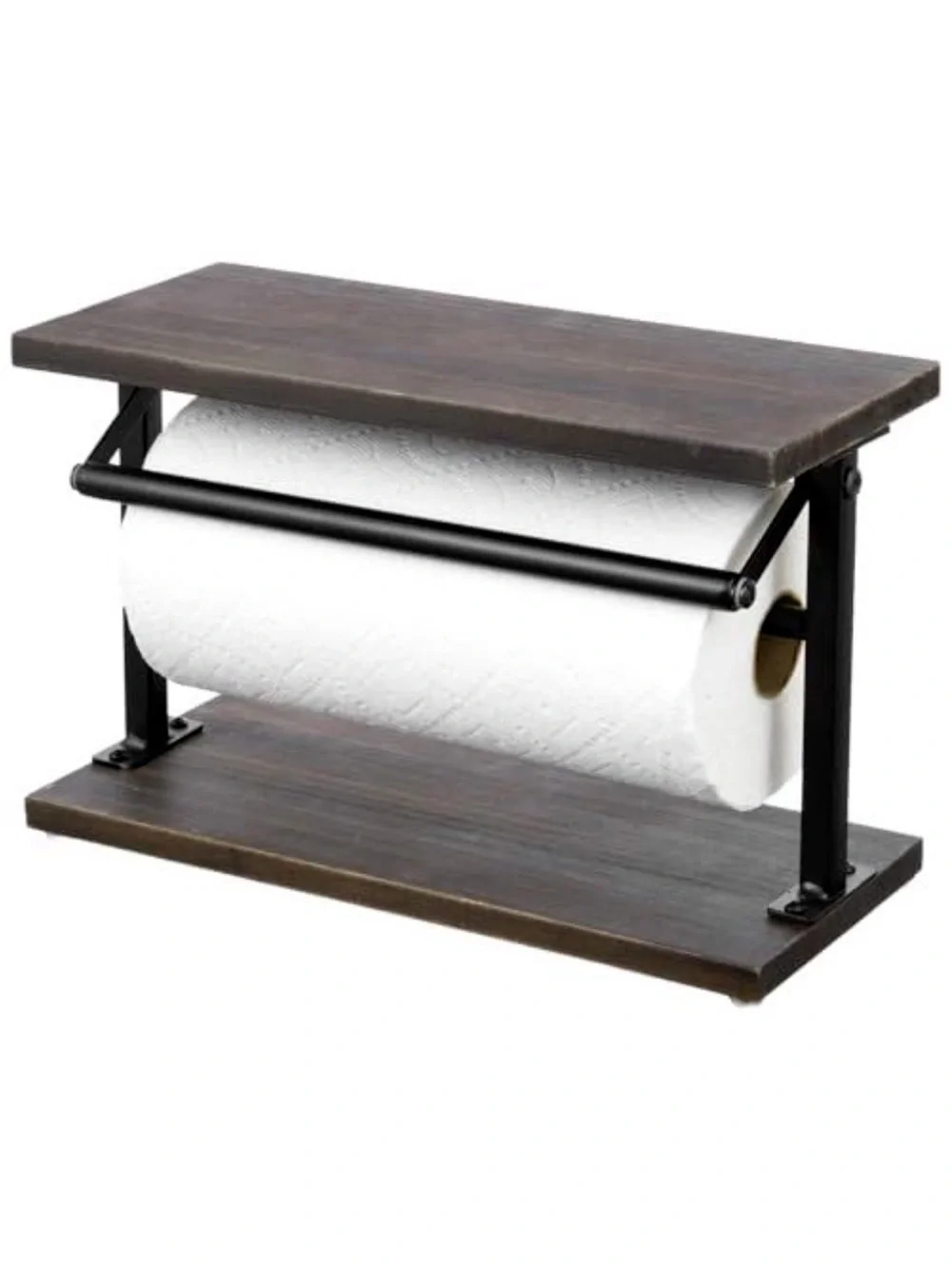 Rustic Wood and Black Metal Paper Towel Holder with Shelf